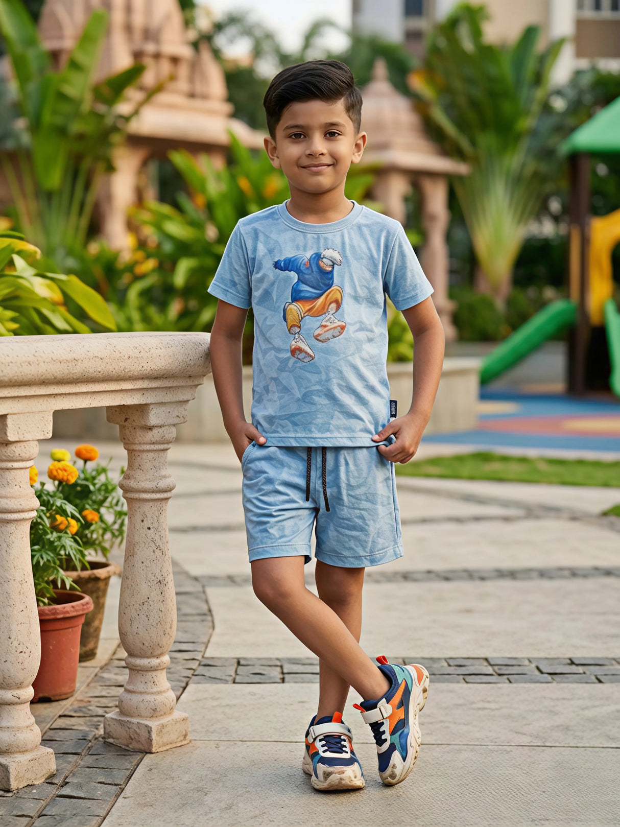 Boys Blue Anime Graphic T-Shirt & Shorts Co-ord Set