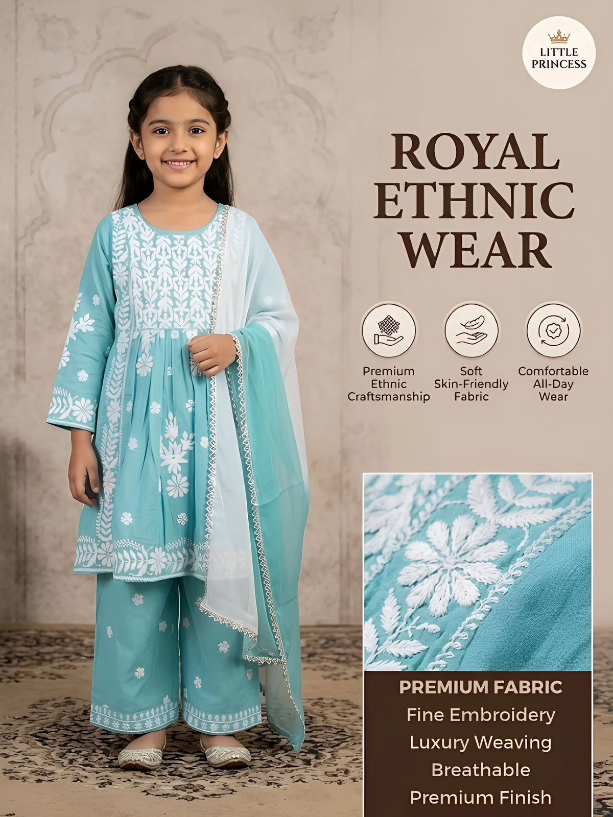 Girls Sky Blue Embroidered Anarkali Kurta Palazzo Set.