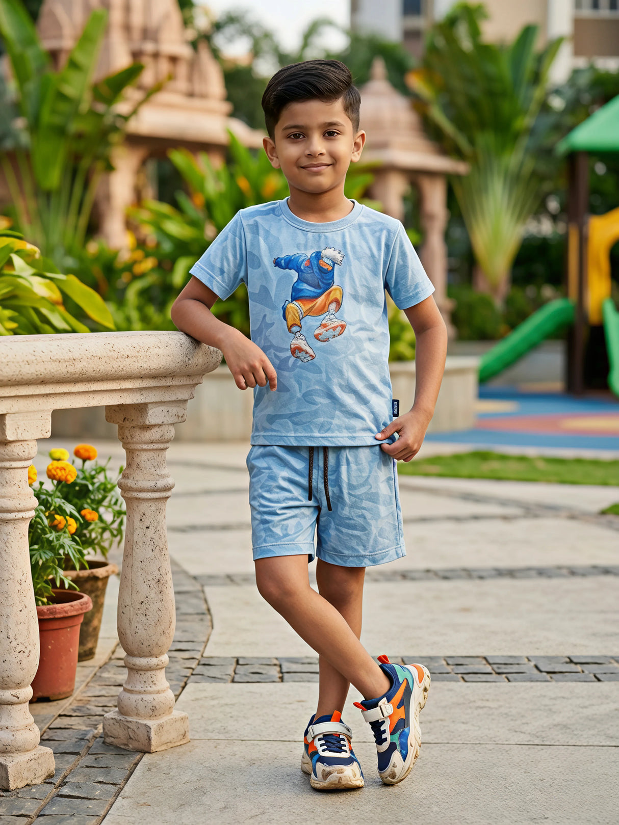 Boys Blue Anime Graphic T-Shirt & Shorts Co-ord Set