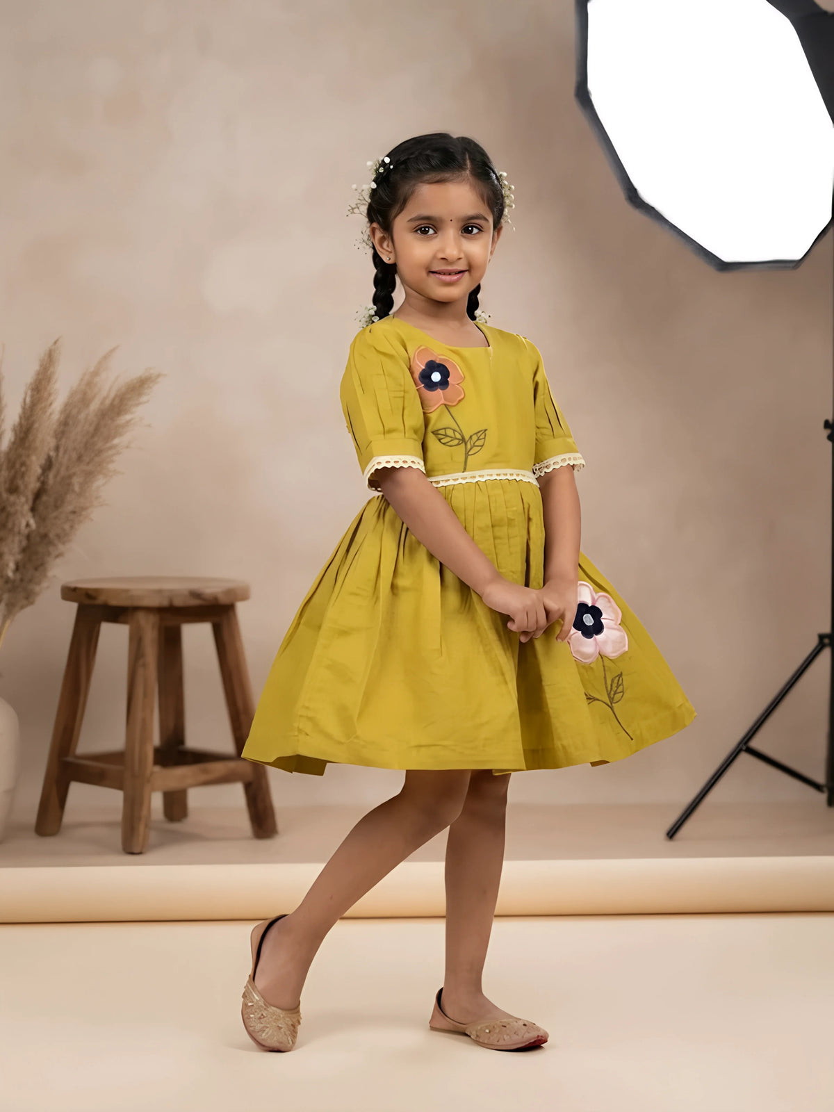 Olive Green Floral Applique Cotton Frocks Kids Ethnic Wear