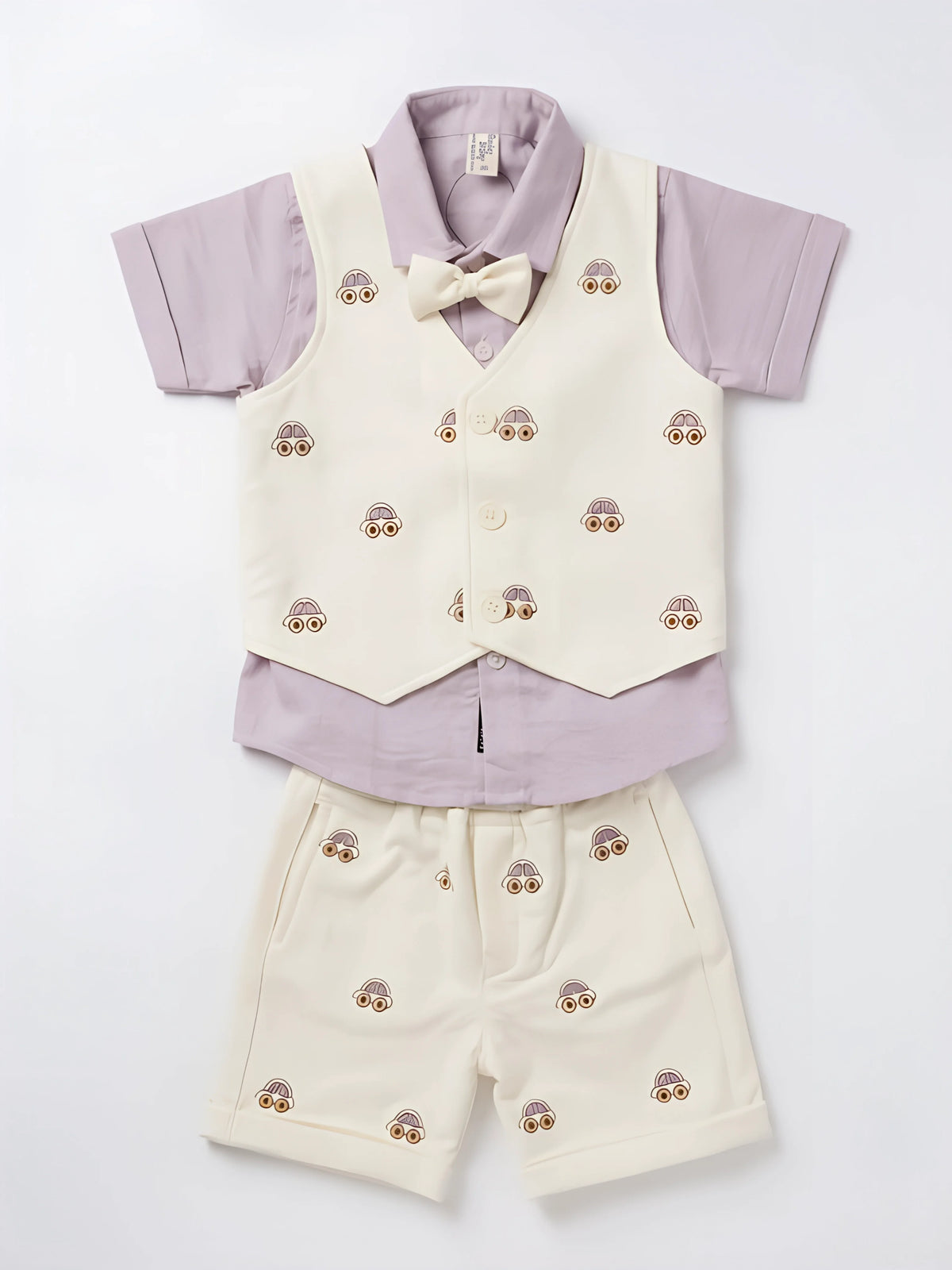Purple Car Print Boys Coordinate Set with Vest and Shorts