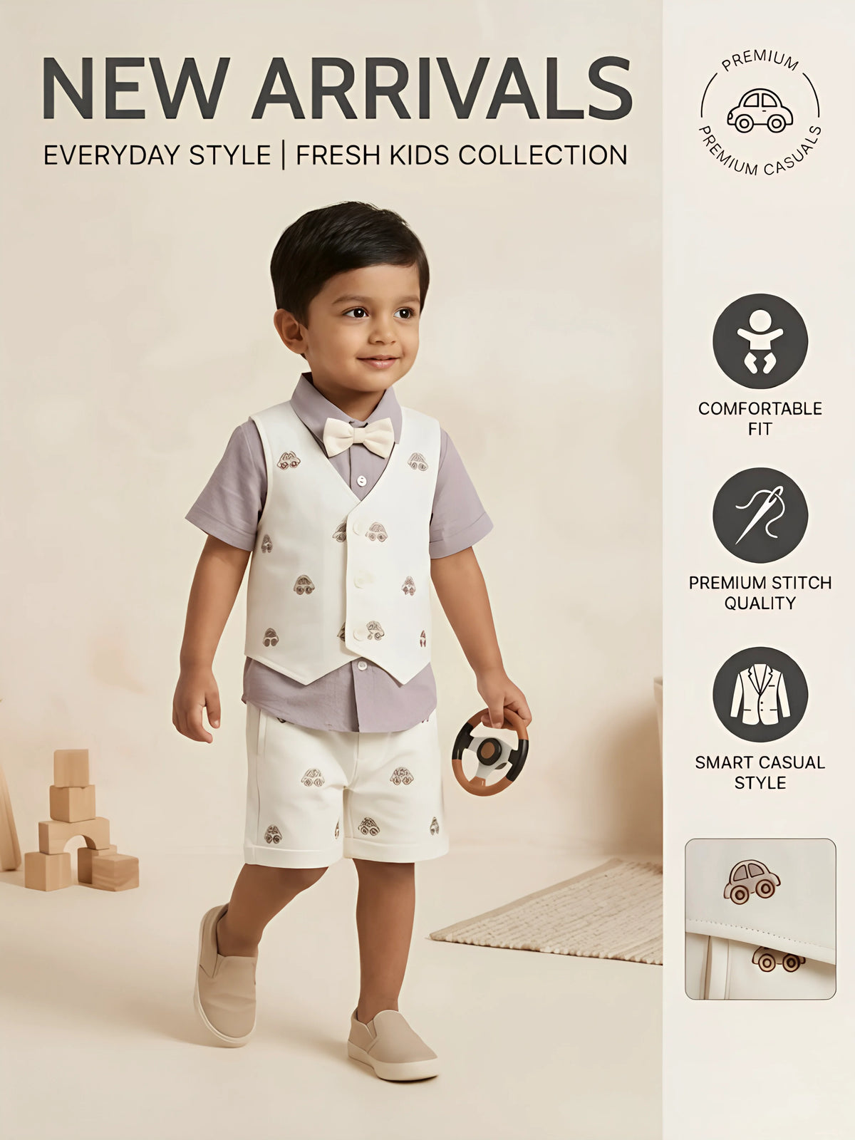 Purple Car Print Boys Coordinate Set with Vest and Shorts