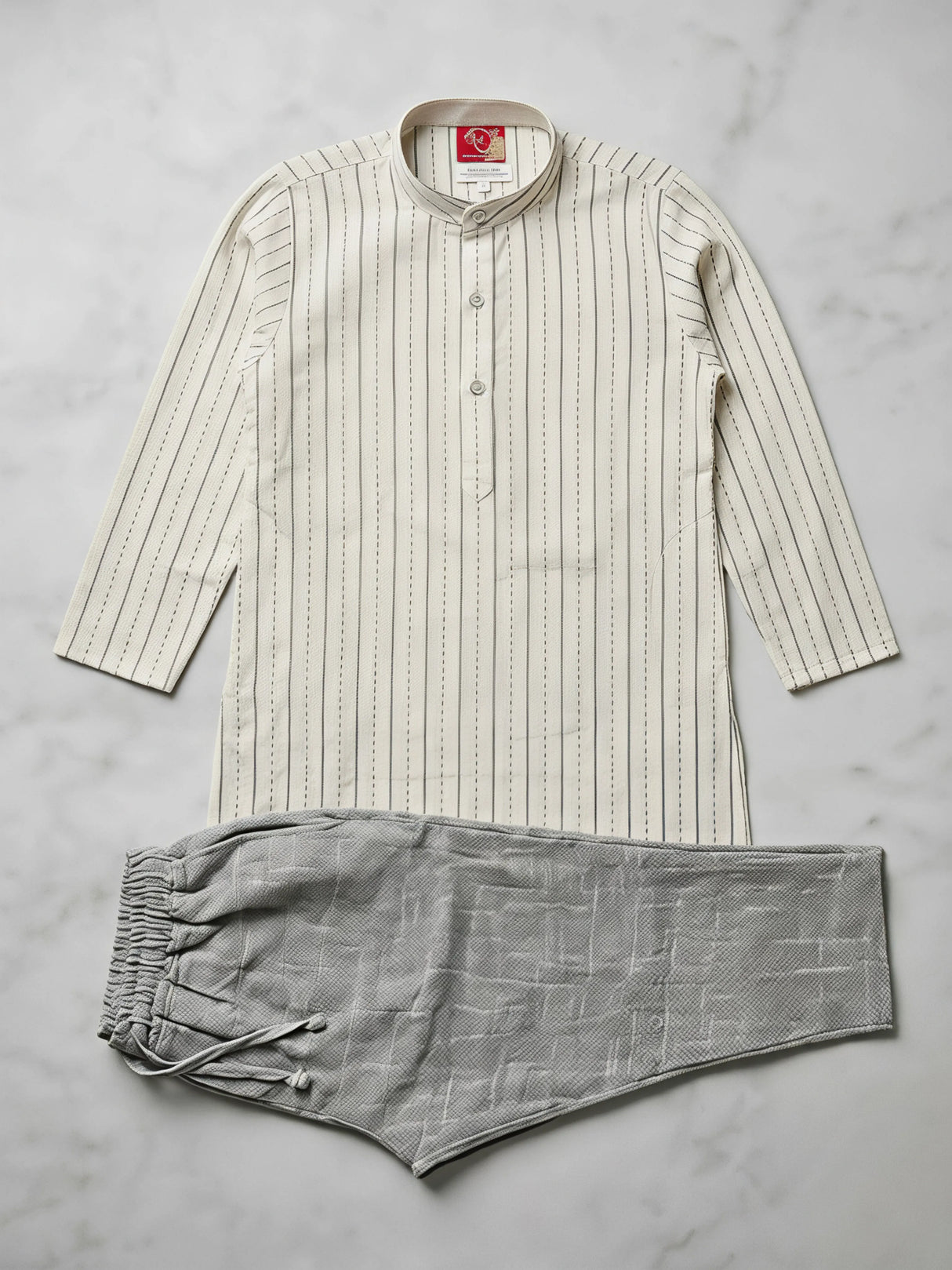 Boys Cream Striped Kurta with Grey Trousers Set