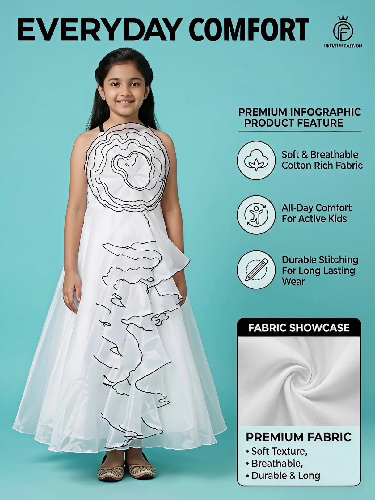 Elegant White Floral Organza Gown with Contrast Piping