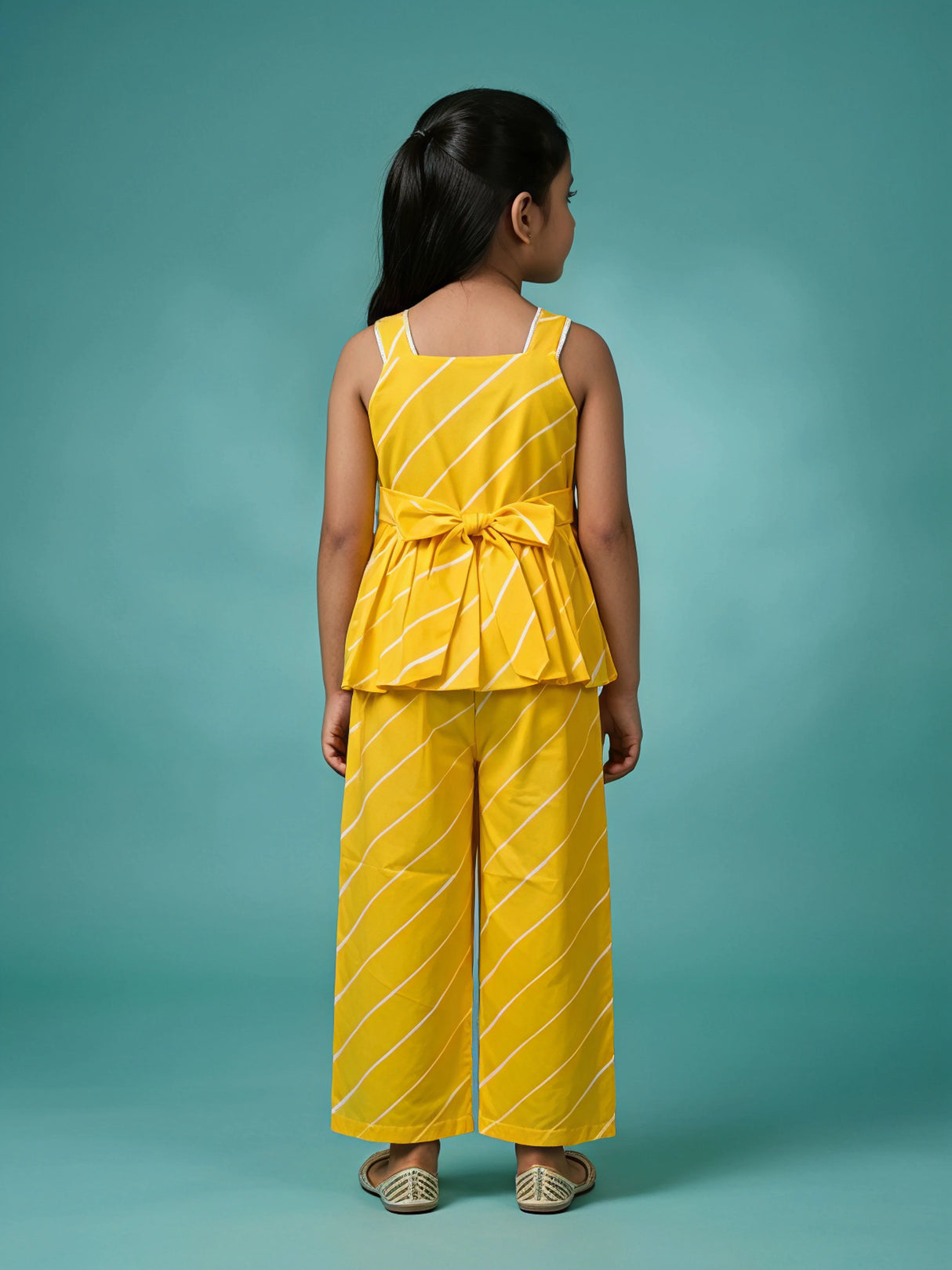 Girls Yellow Striped Peplum Top and Plazo Set
