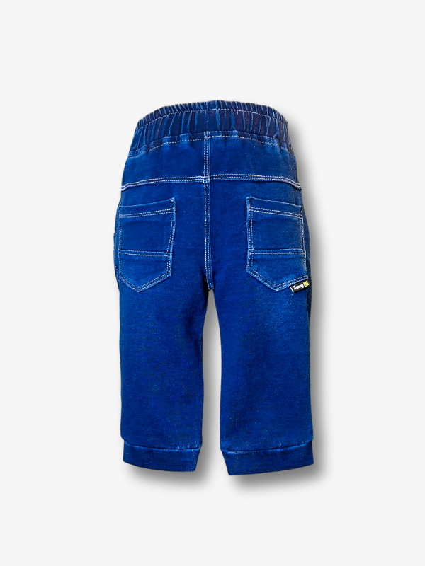 Boys' dark navy blue knit pants in a jogger-style cut with white contrast stitching, an elastic waistband, and a single decorative button.
Export to Sheets