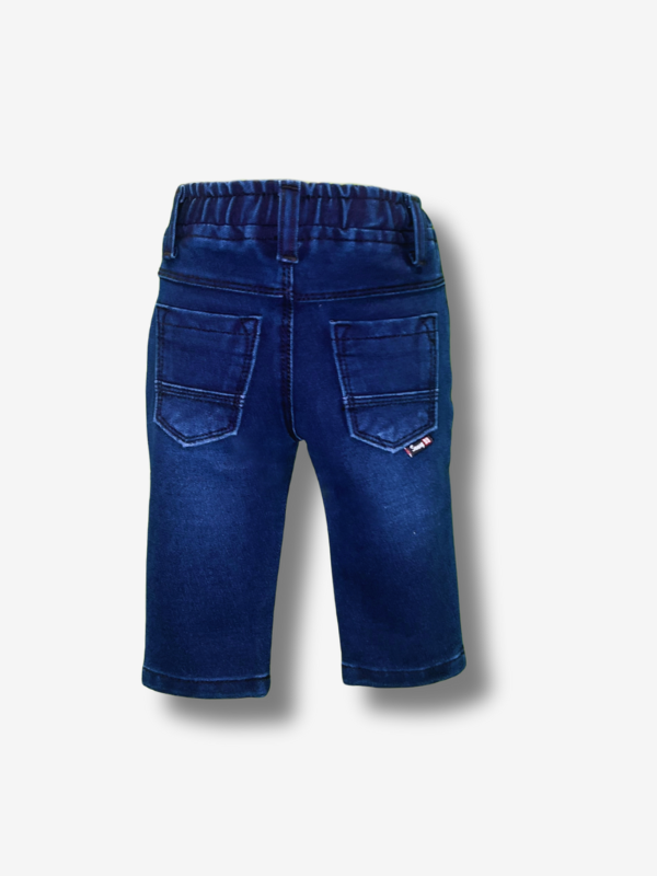 Boys' dark navy blue knit jogger pants with a gathered elastic waistband, cuffed ankles, and structured paneling at the knees.
Export to Sheets