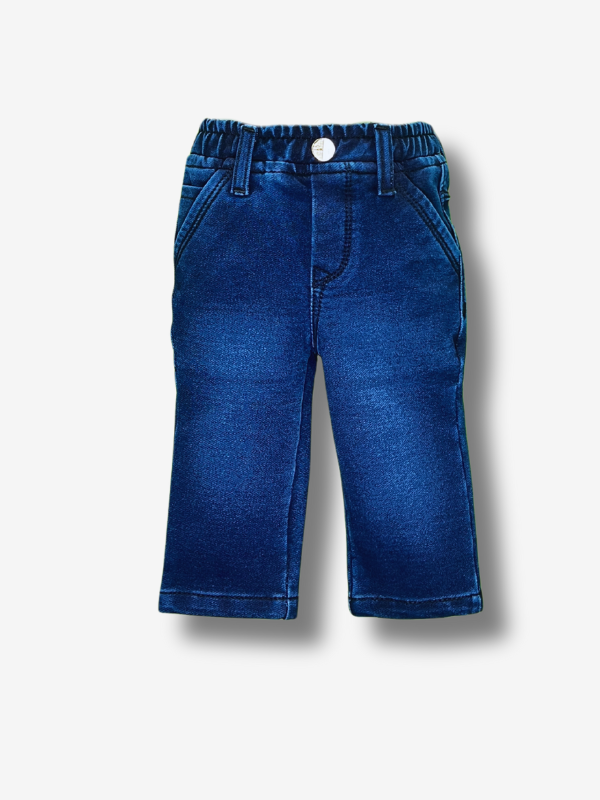 Boys' dark navy blue knit jogger pants with a gathered elastic waistband, cuffed ankles, and structured paneling at the knees.
Export to Sheets