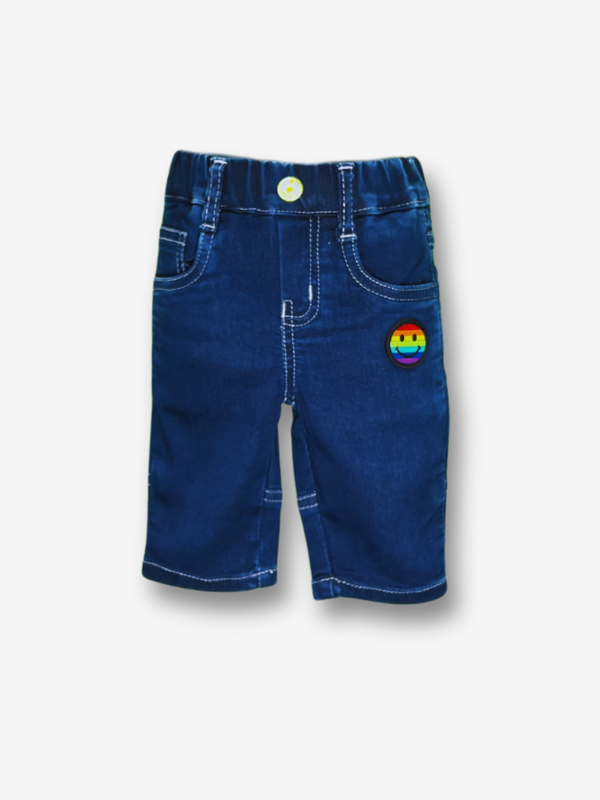 Boys' dark indigo blue denim jeans with a wide knit fabric waistband, silver belt buckle, and a hanging logo charm.
Export to Sheets