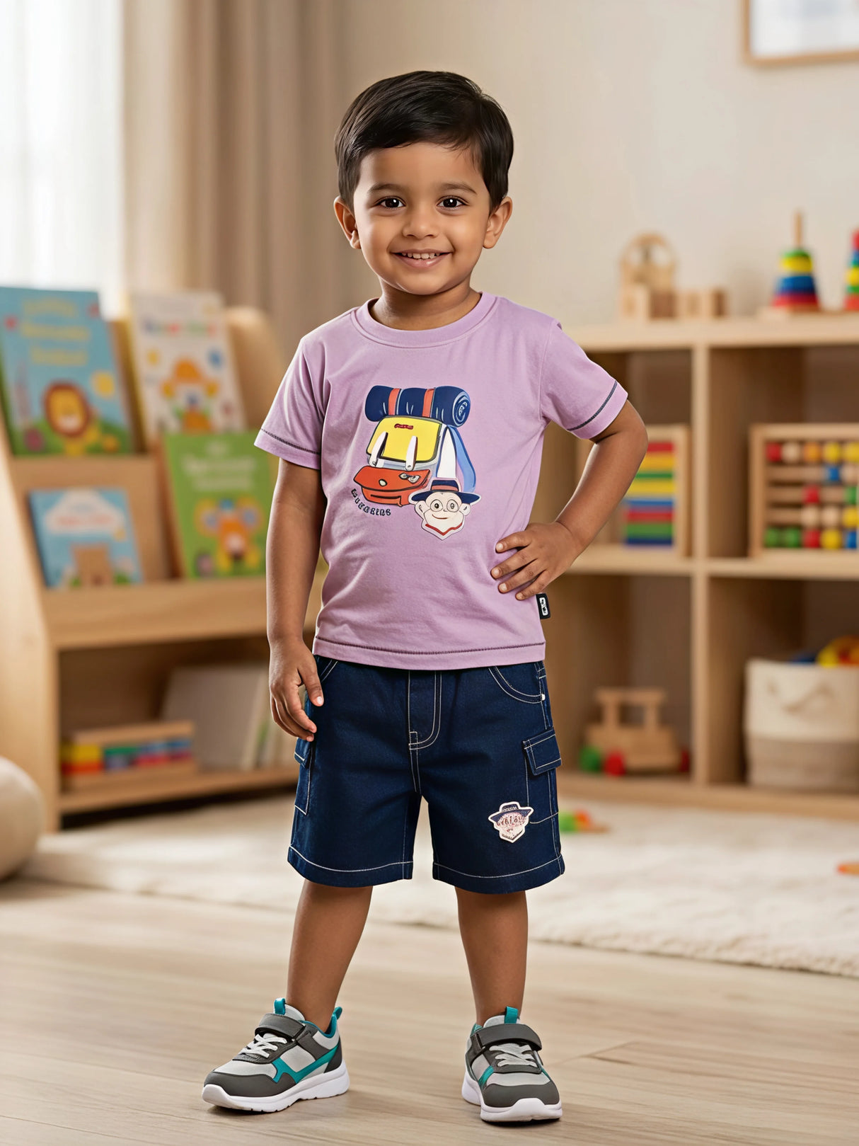 Boys Purple Adventure Graphic T-Shirt & Denim Shorts Set