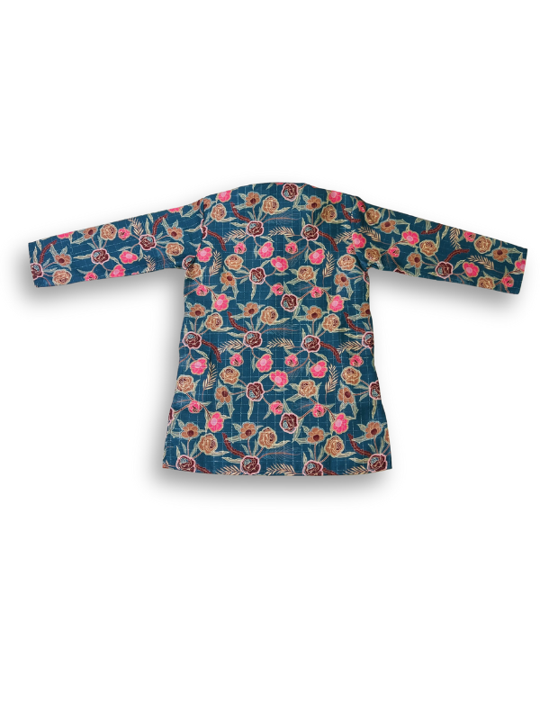 Boys' long-sleeved kurta with a colorful pink and brown floral print on a teal blue base, paired with plain cream or white elastic-waist pyjama pants.
Export to Sheets