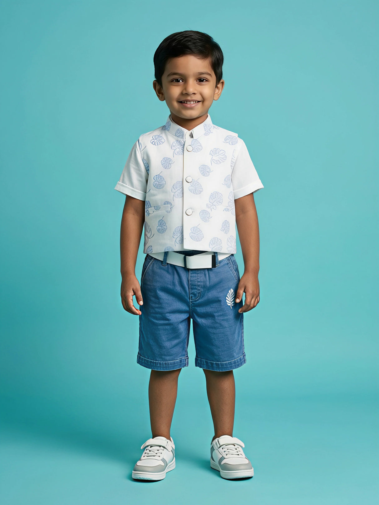 A young boy smiling while wearing a stylish white and blue tropical leaf print waistcoat over a white short-sleeve shirt, paired with washed blue denim shorts, a white belt, and white sneakers against a turquoise background.