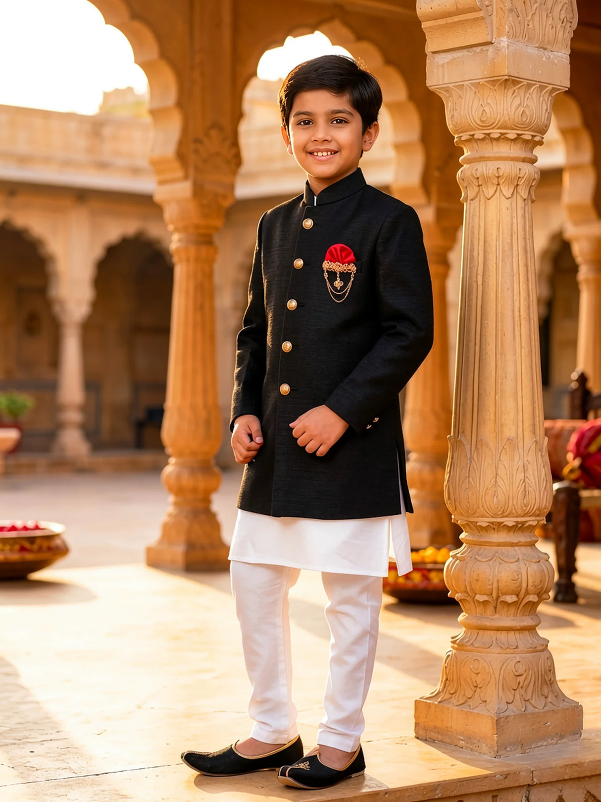 Boys Black Jodhpuri Sherwani Set with Pocket Square ()