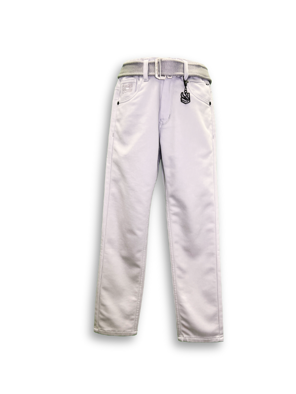 Boys' light grey stone wash denim jeans with an elastic waistband, straight leg, and a thick black web belt with a silver rectangular buckle.