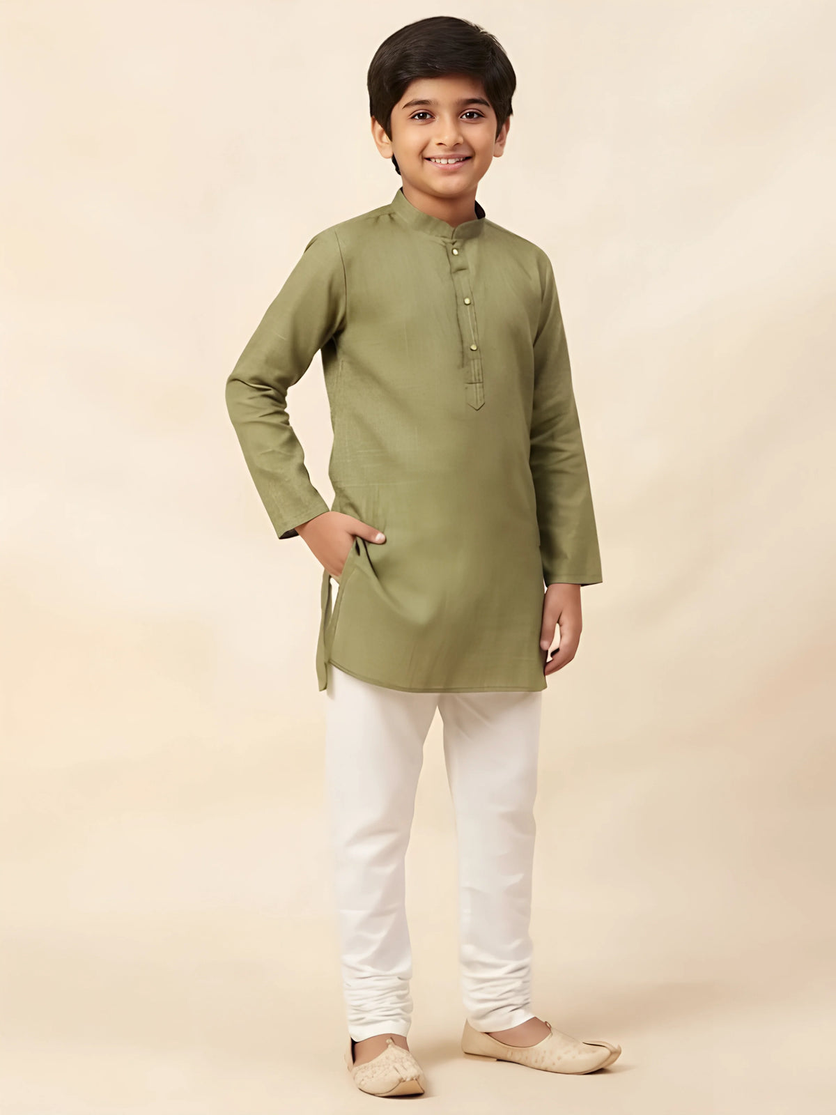 Boys green solid cotton linen kurta with white pajama set.
