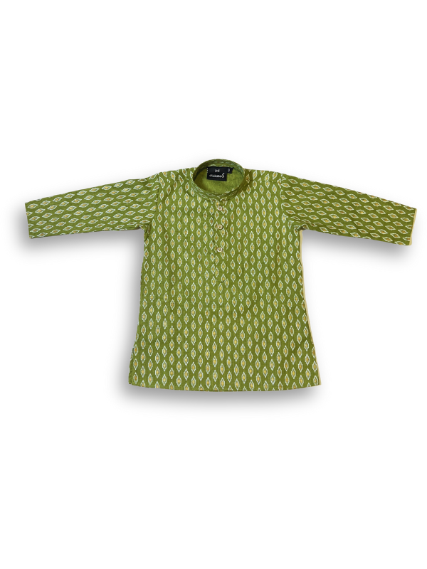 Boys' long-sleeved kurta with a white and gold geometric leaf pattern on an olive green base, paired with plain cream or white elastic-waist pyjama pants.
Export to Sheets