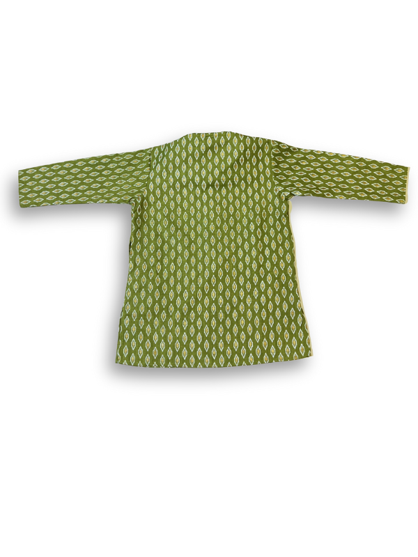Boys' long-sleeved kurta with a white and gold geometric leaf pattern on an olive green base, paired with plain cream or white elastic-waist pyjama pants.
Export to Sheets