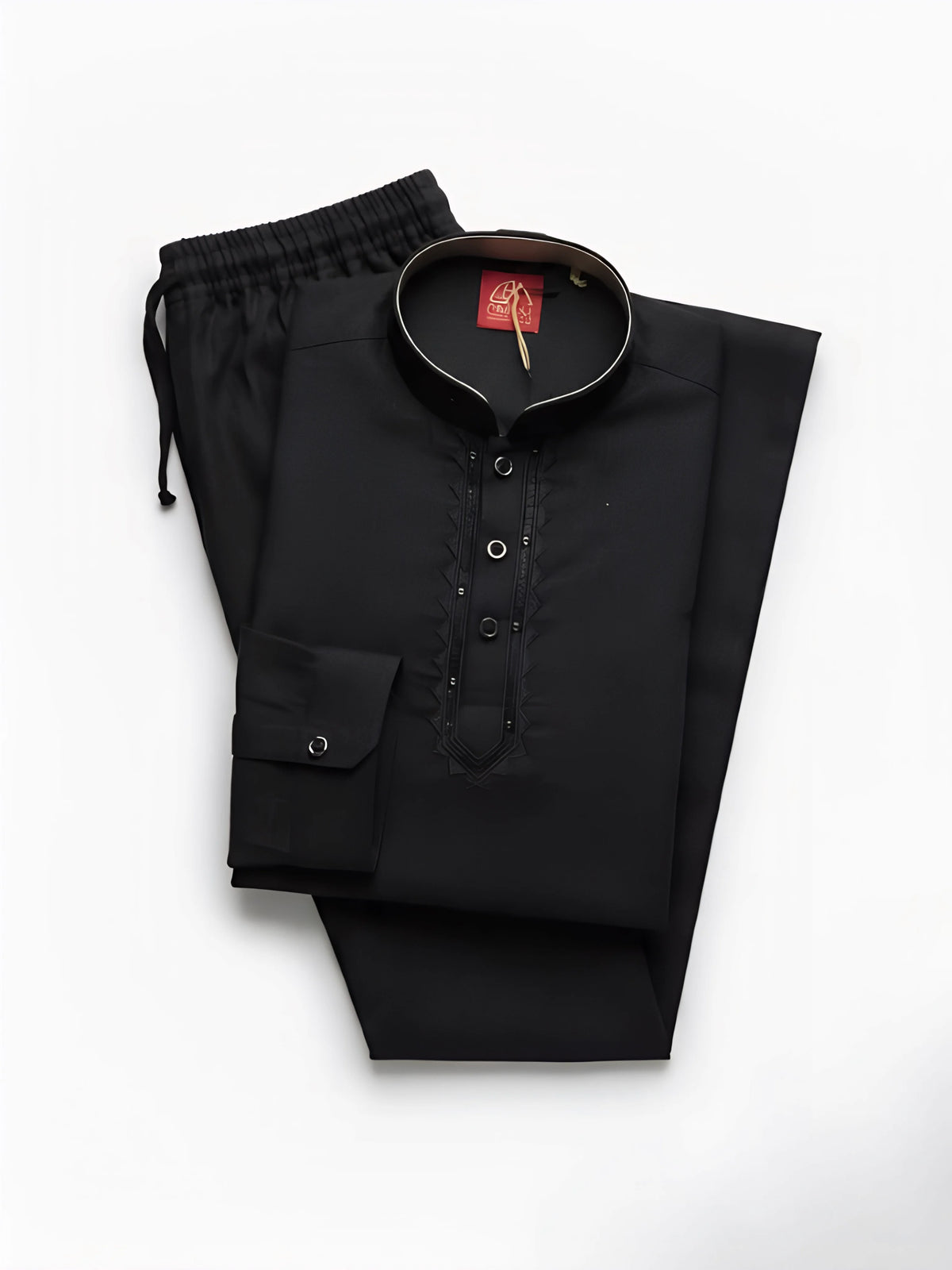 Black Designer Placket Kurta Pajama Set for Boys