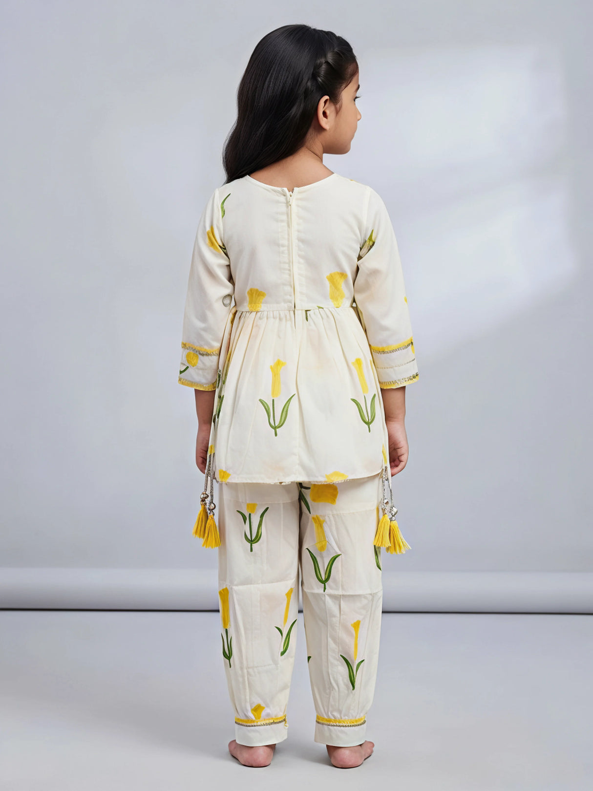 Girls Cream Floral Floral Printed Patiala Suit Set with Embroidery & Tassels