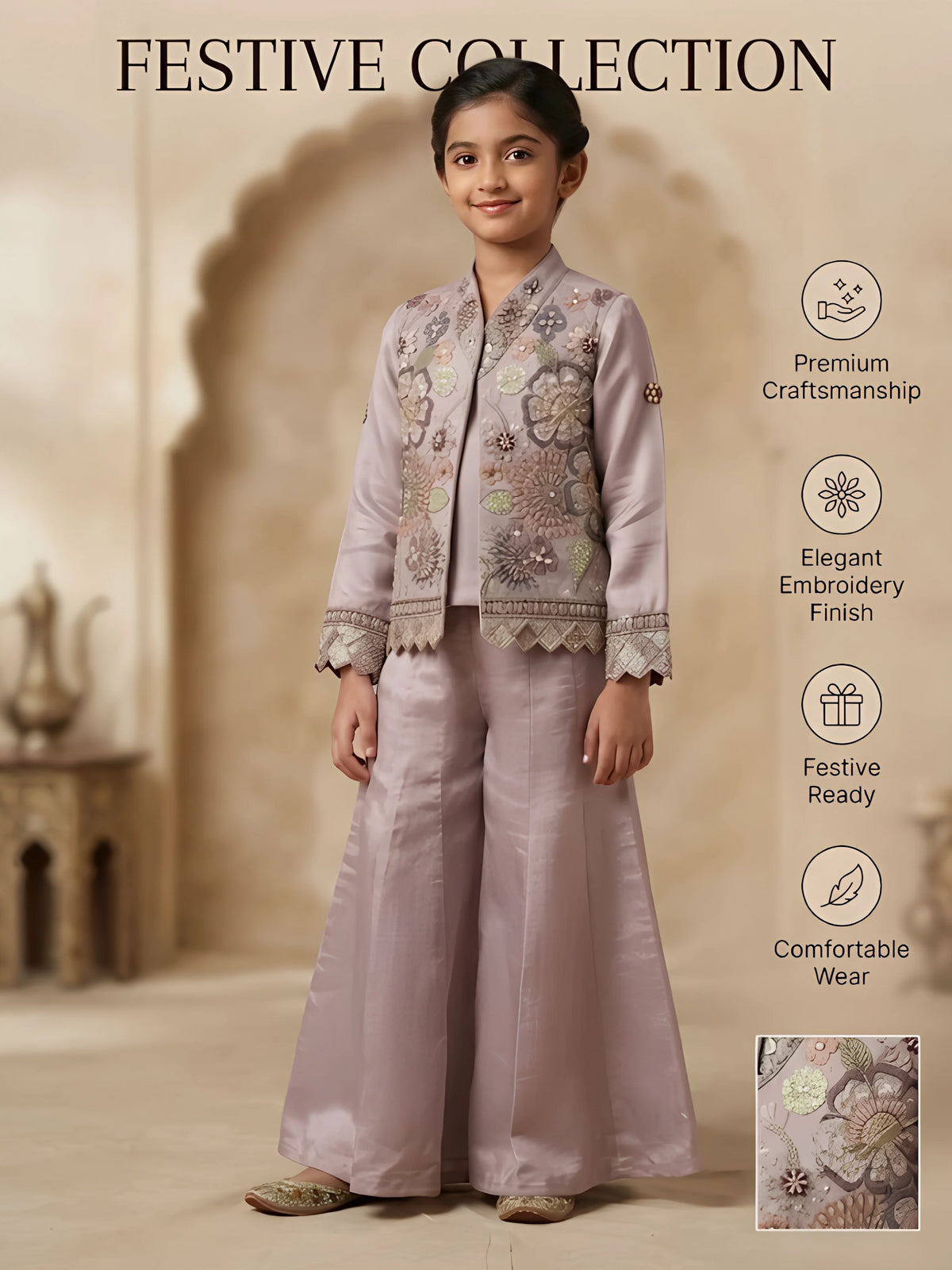 Purple Embroidered Plazzo Set with Jacket for Girls
