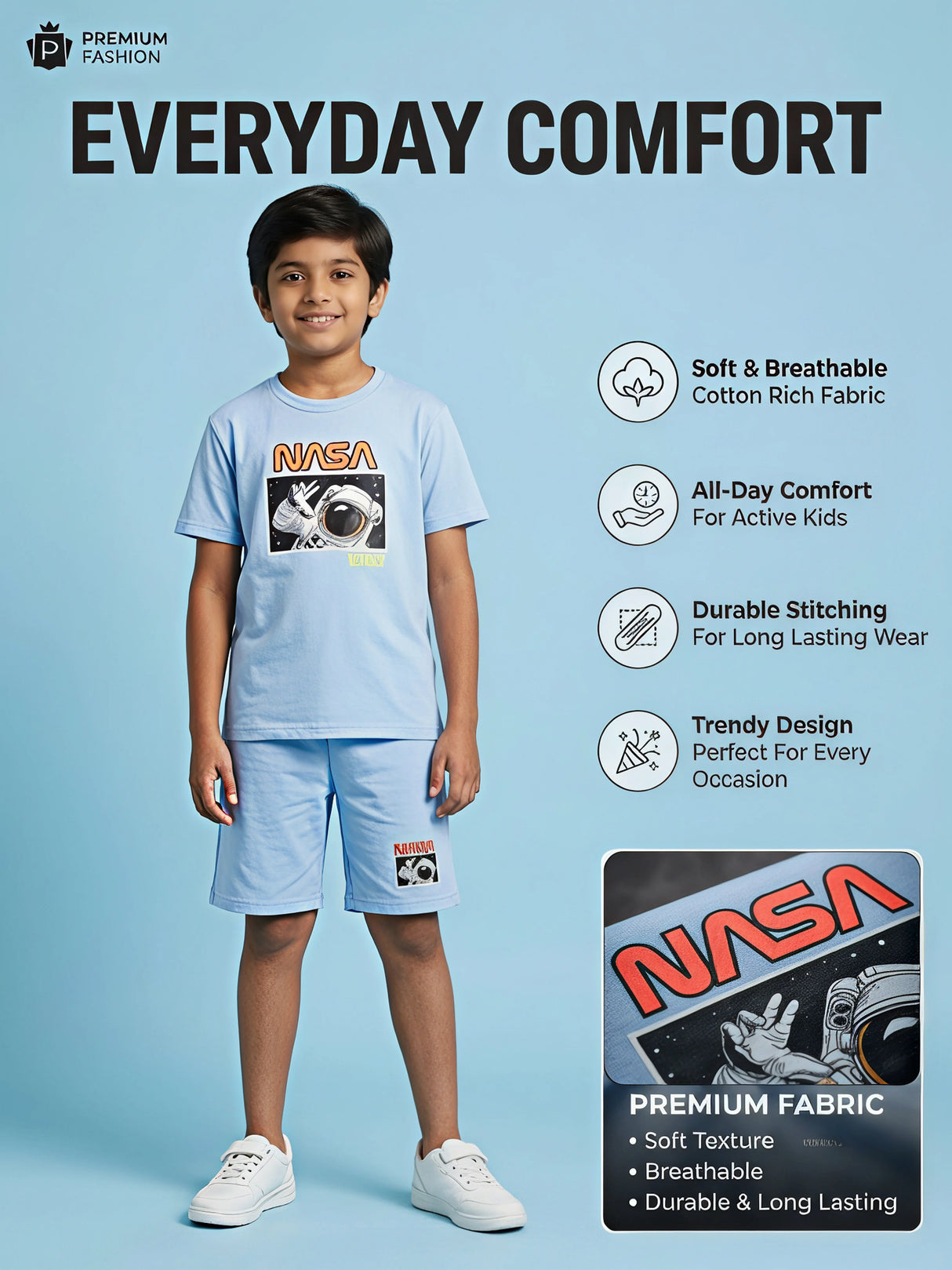 Boys Light Blue NASA Printed T-Shirt and Shorts Co-ord Set.