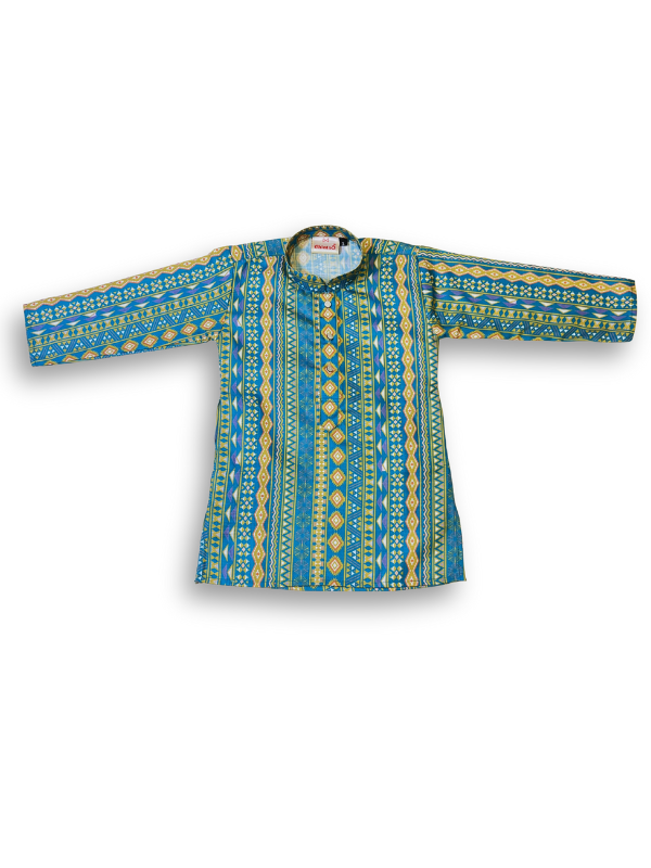 Boys' long-sleeved kurta with a vertical geometric print in teal blue and yellow, paired with plain cream or white elastic-waist pyjama pants.
Export to Sheets