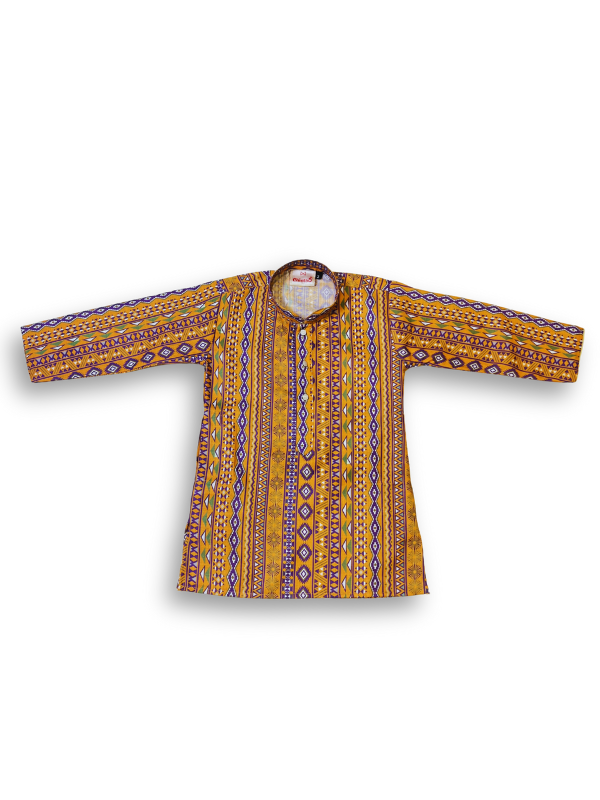 Boys' long-sleeved kurta with a vertical geometric print in mustard yellow, blue, and green, paired with plain cream or white elastic-waist pyjama pants.
Export to Sheets