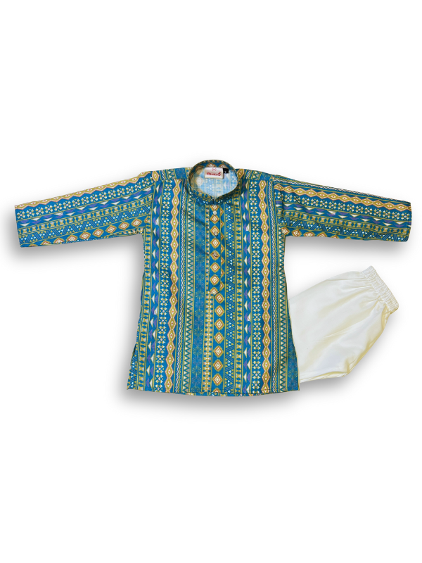 Boys' long-sleeved kurta with a vertical geometric print in teal blue and yellow, paired with plain cream or white elastic-waist pyjama pants.
Export to Sheets