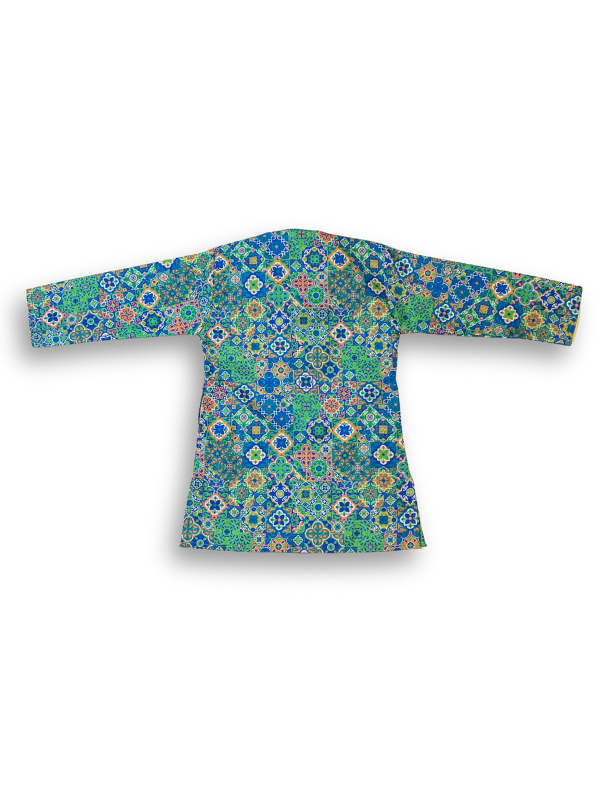 Boys' long-sleeved kurta with a dense, colorful geometric mosaic print in shades of blue, green, yellow, and orange, shown with plain cream pyjama pants.
Export to Sheets