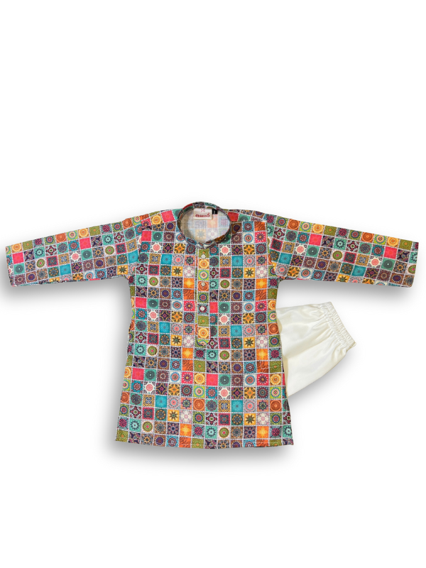 Boys' long-sleeved kurta with a colorful geometric square mosaic print in green, blue, yellow, and pink, paired with plain cream or white elastic-waist pyjama pants.
Export to Sheets