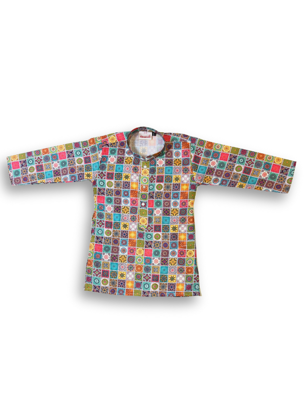 Boys' long-sleeved kurta with a colorful geometric square mosaic print in green, blue, yellow, and pink, paired with plain cream or white elastic-waist pyjama pants.
Export to Sheets