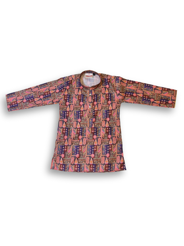 Boys' long-sleeved kurta with a colorful figurative and geometric block print in mauve pink, deep blue, and brown, paired with plain cream or white elastic-waist pyjama pants.
Export to Sheets