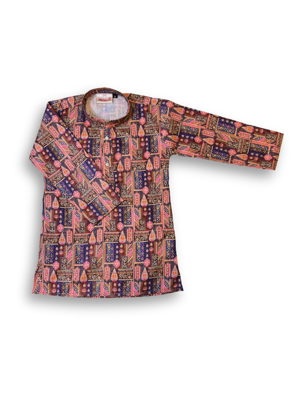 Boys' long-sleeved kurta with a colorful figurative and geometric block print in mauve pink, deep blue, and brown, paired with plain cream or white elastic-waist pyjama pants.
Export to Sheets