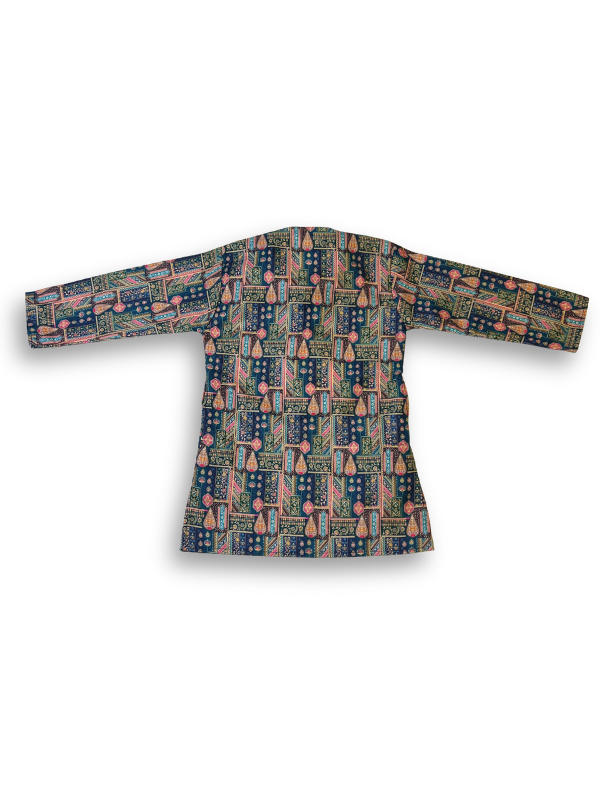 Boys' long-sleeved kurta with a colorful figurative and geometric print in blue, green, and pink, paired with plain cream or white elastic-waist pyjama pants.
Export to Sheets