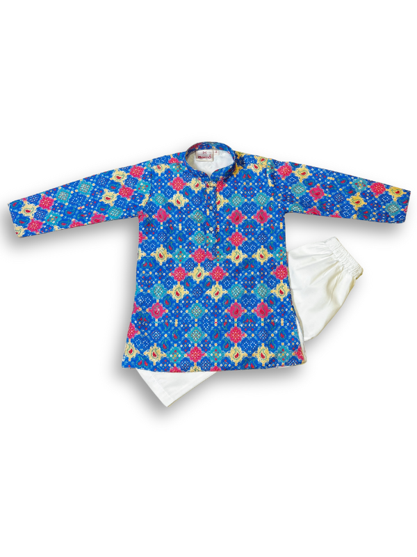 Boys' long-sleeved kurta with a colorful geometric and dotted print in bright blue, pink, and yellow, paired with plain white elastic-waist pyjama pants.
Export to Sheets