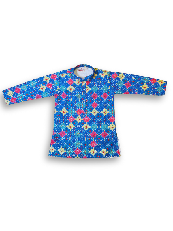 Boys' long-sleeved kurta with a colorful geometric and dotted print in bright blue, pink, and yellow, paired with plain white elastic-waist pyjama pants.
Export to Sheets