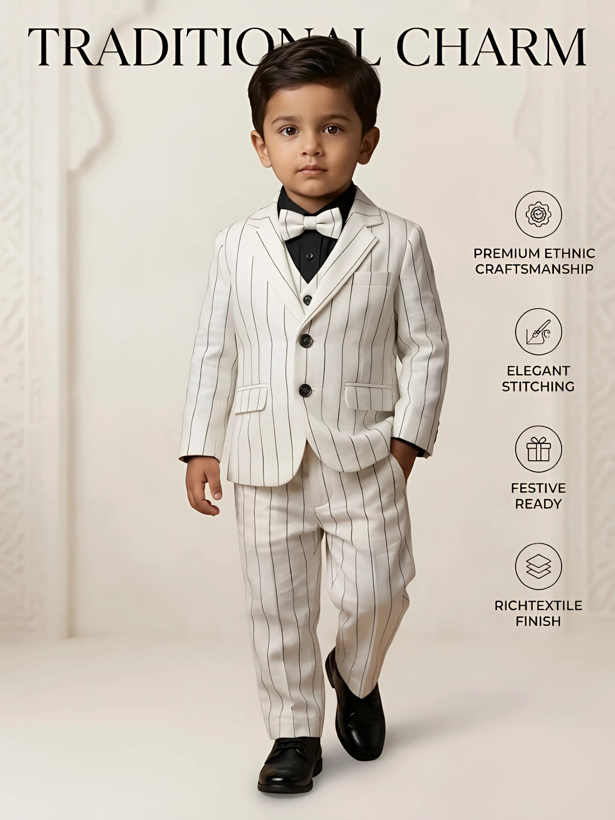 Boys White Pinstriped Coat Suit Set