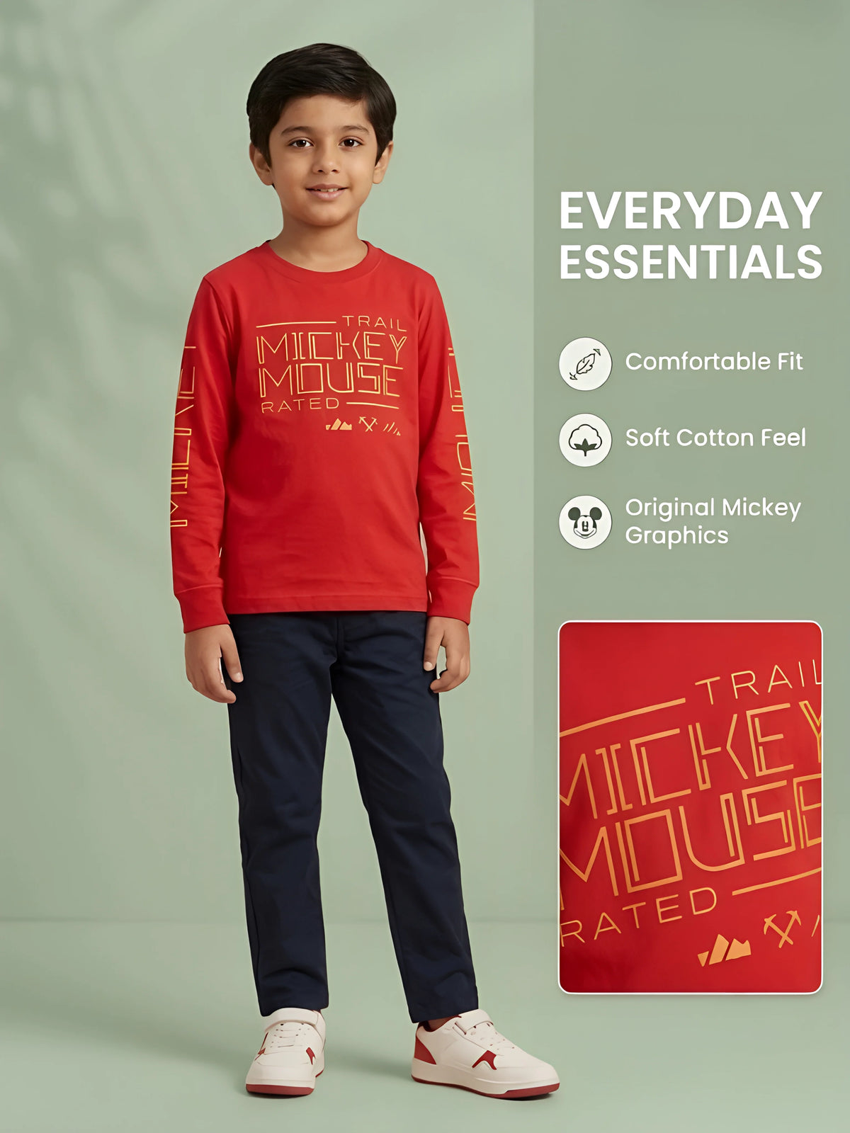 Boys Red Full Sleeve Graphic Casual T-Shirt
