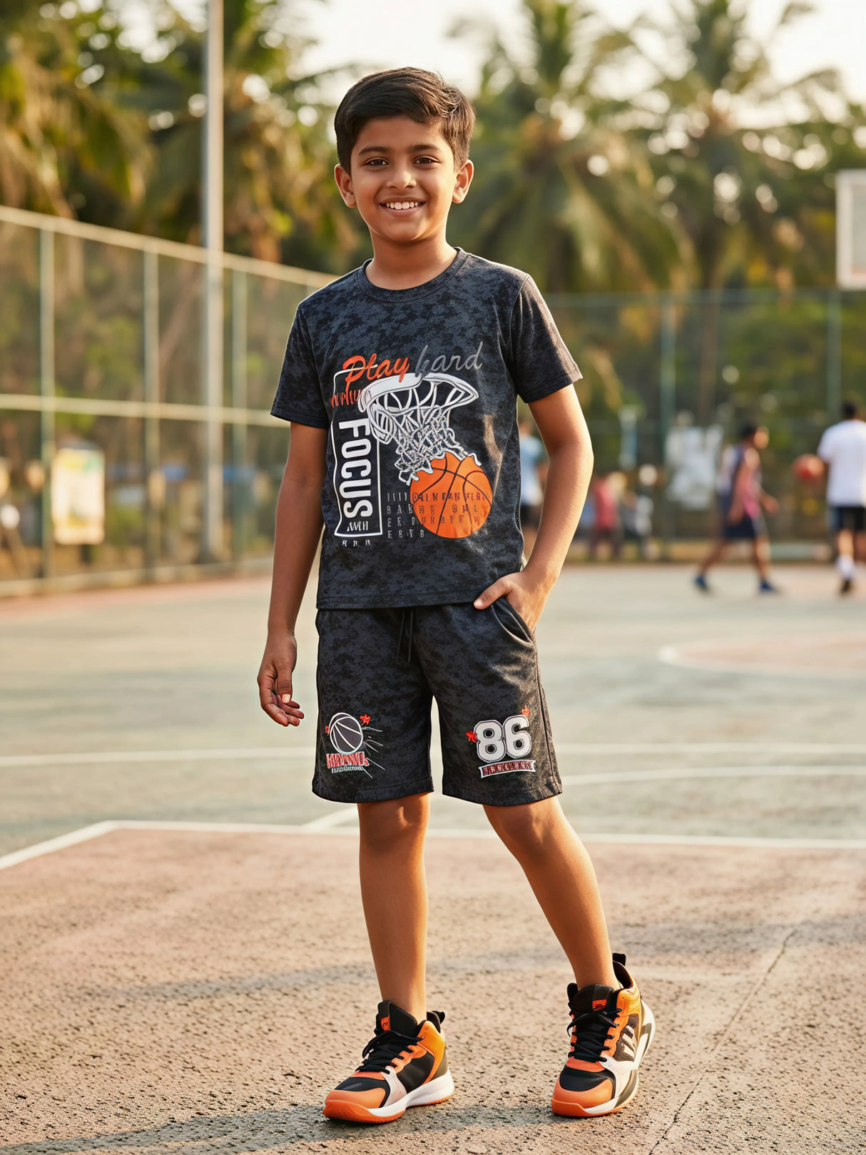 Boys Black Basketball Print Cotton Co-ord Set