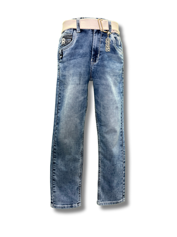 Boys' light blue stone wash denim jeans in a straight-leg cut, worn with a light tan or cream colored web belt.
Export to Sheets
