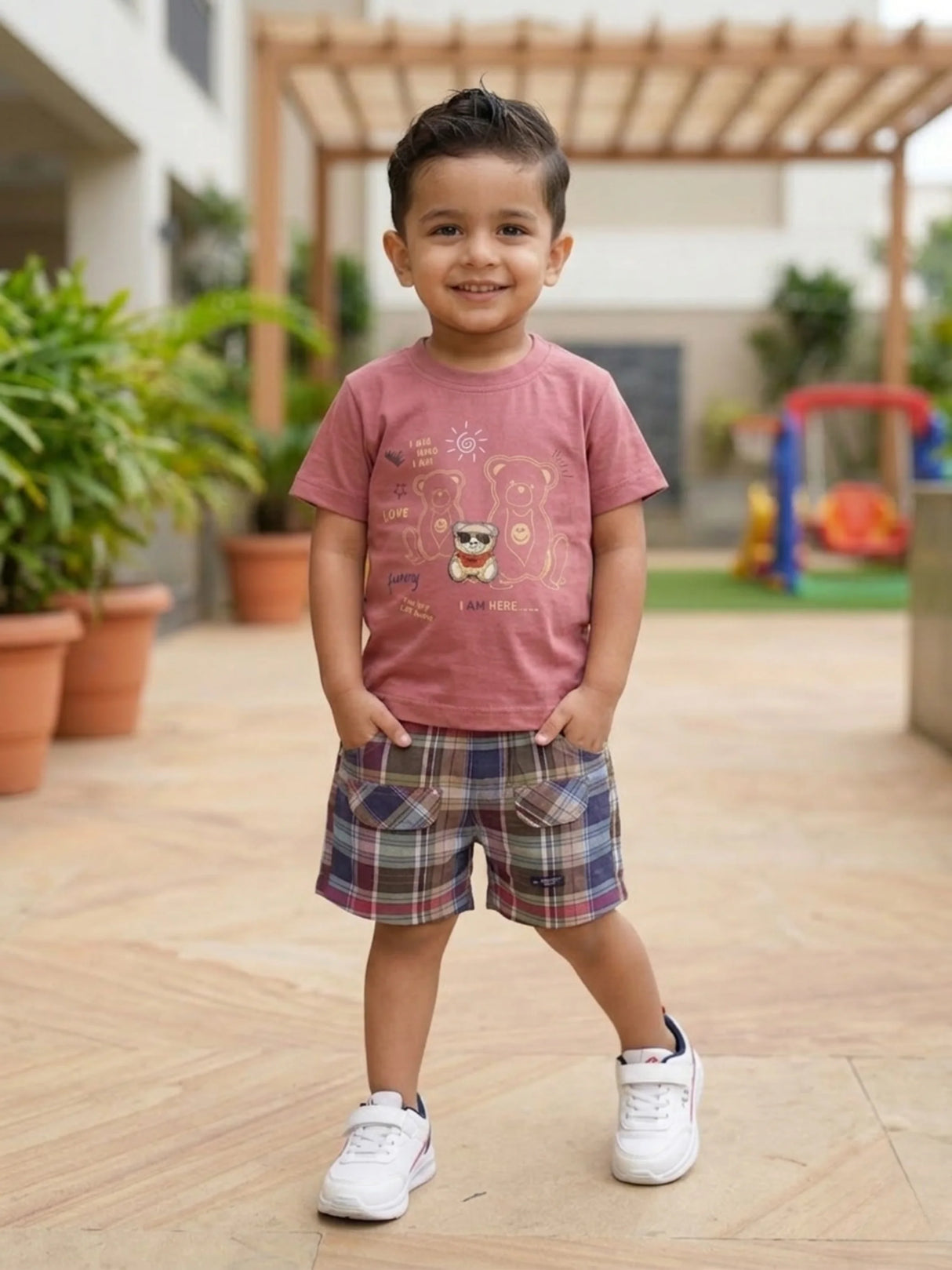 Boys Pink Teddy Graphic T-Shirt & Plaid Shorts Coord Set