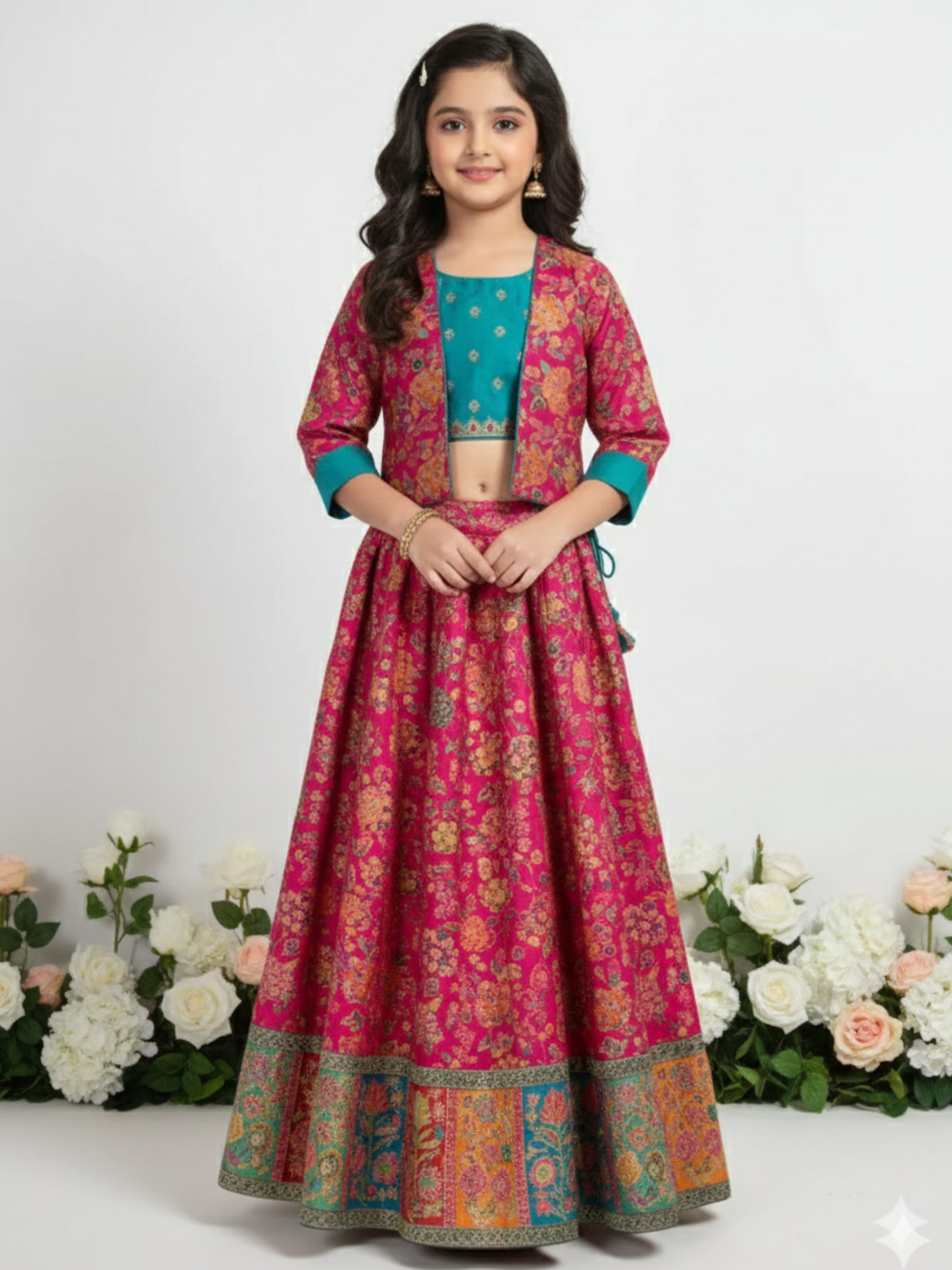 Girls' Fuchsia Pink Embroidered Choli, Striped Lehenga & Net Dupatta Set