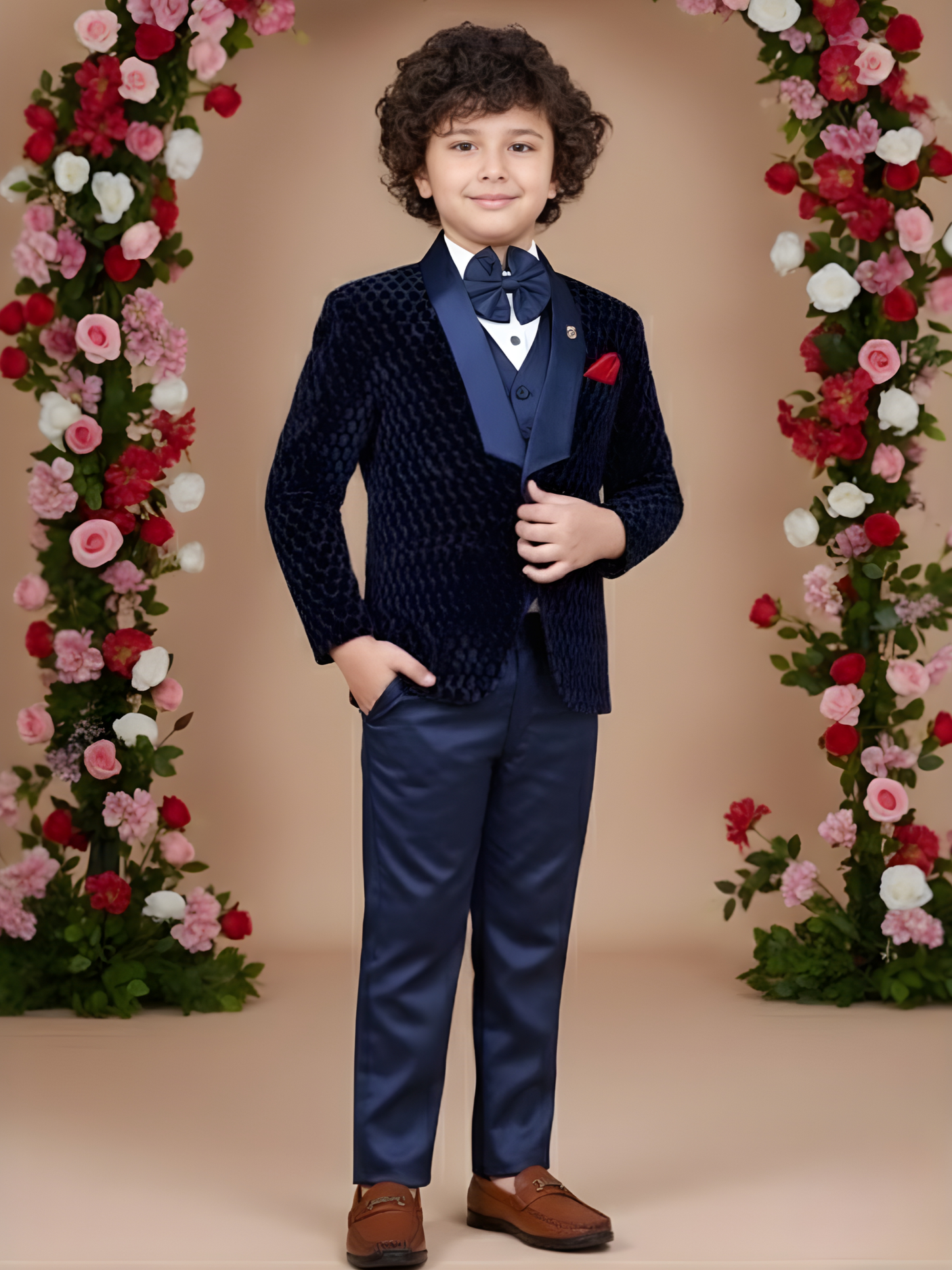 Boys' Navy Blue Textured Velvet Coat Suit with Vest and Bow Tie