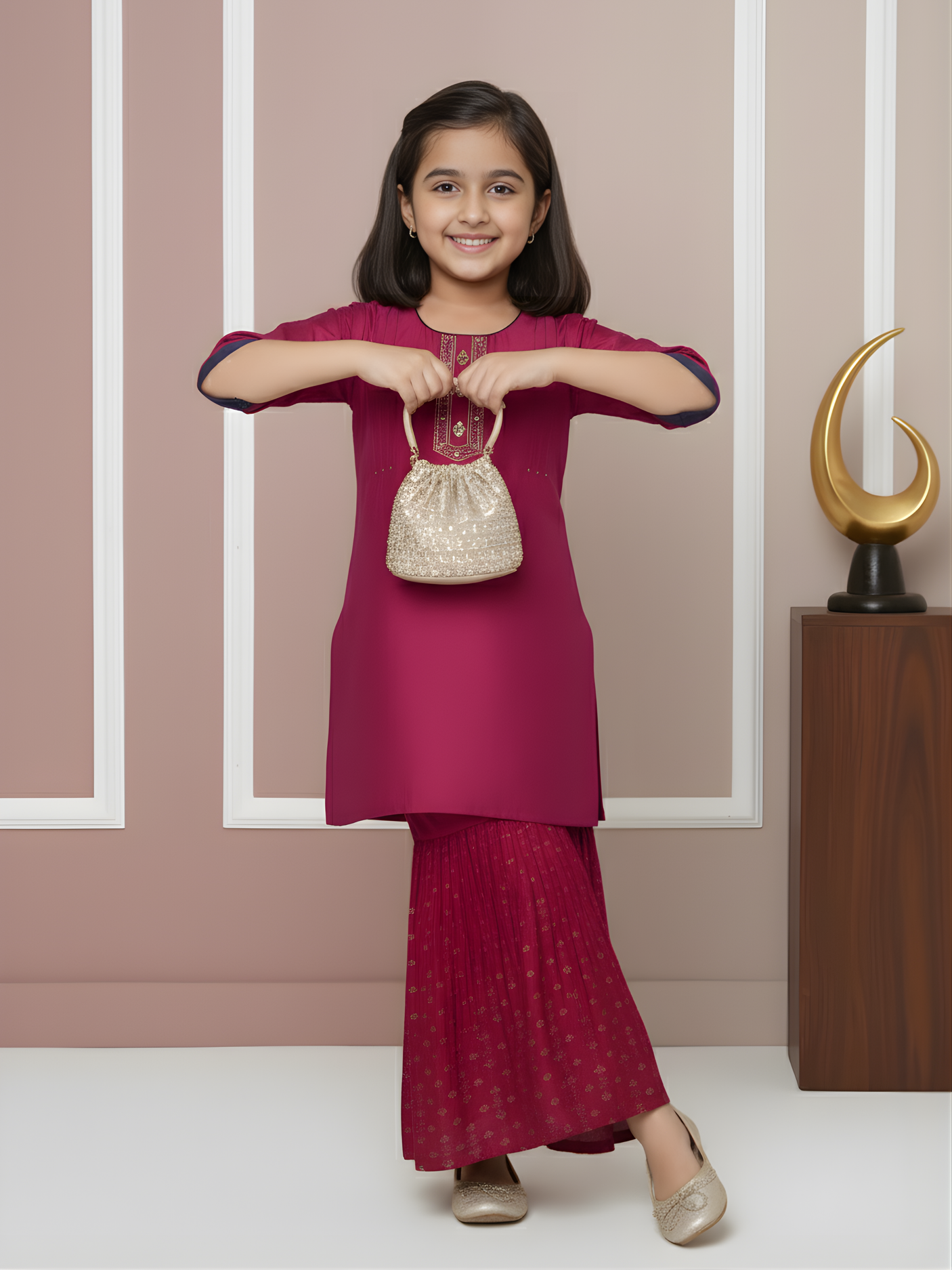 Girls' Magenta Art Silk Kurti and Printed Plazo Set