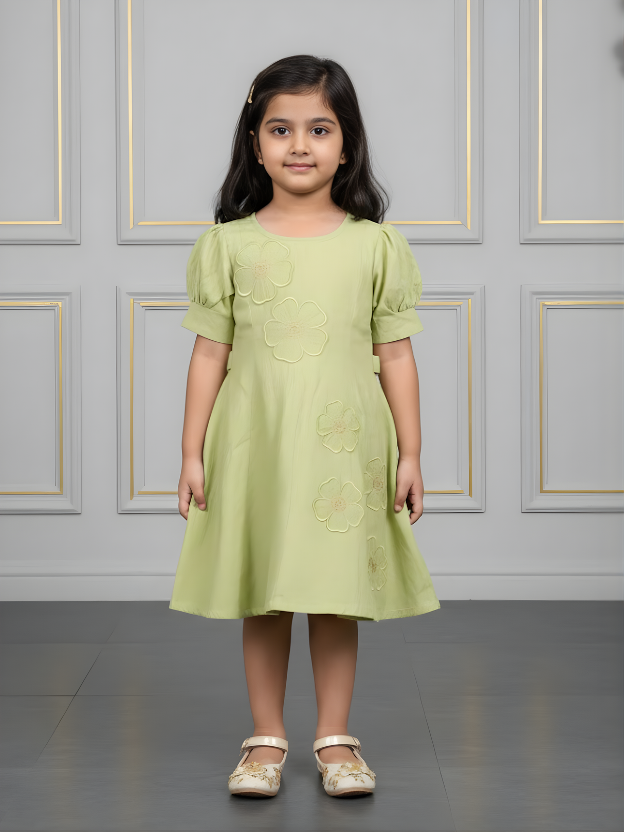 Girls Sage Green Embroidered Puff Sleeve A-Line Frock