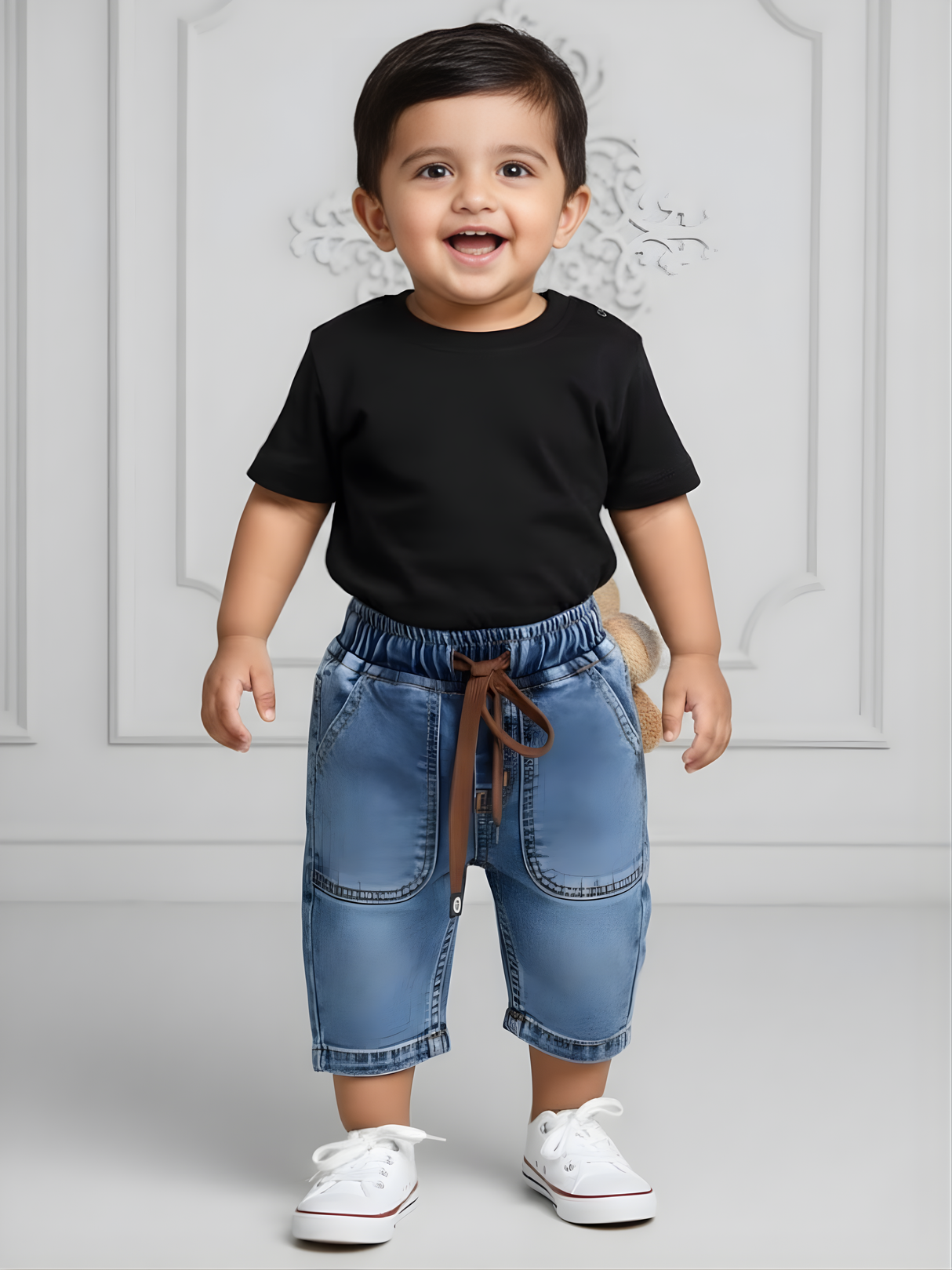 Toddler Boys Light Blue Denim Utility Shorts with Brown Drawstring