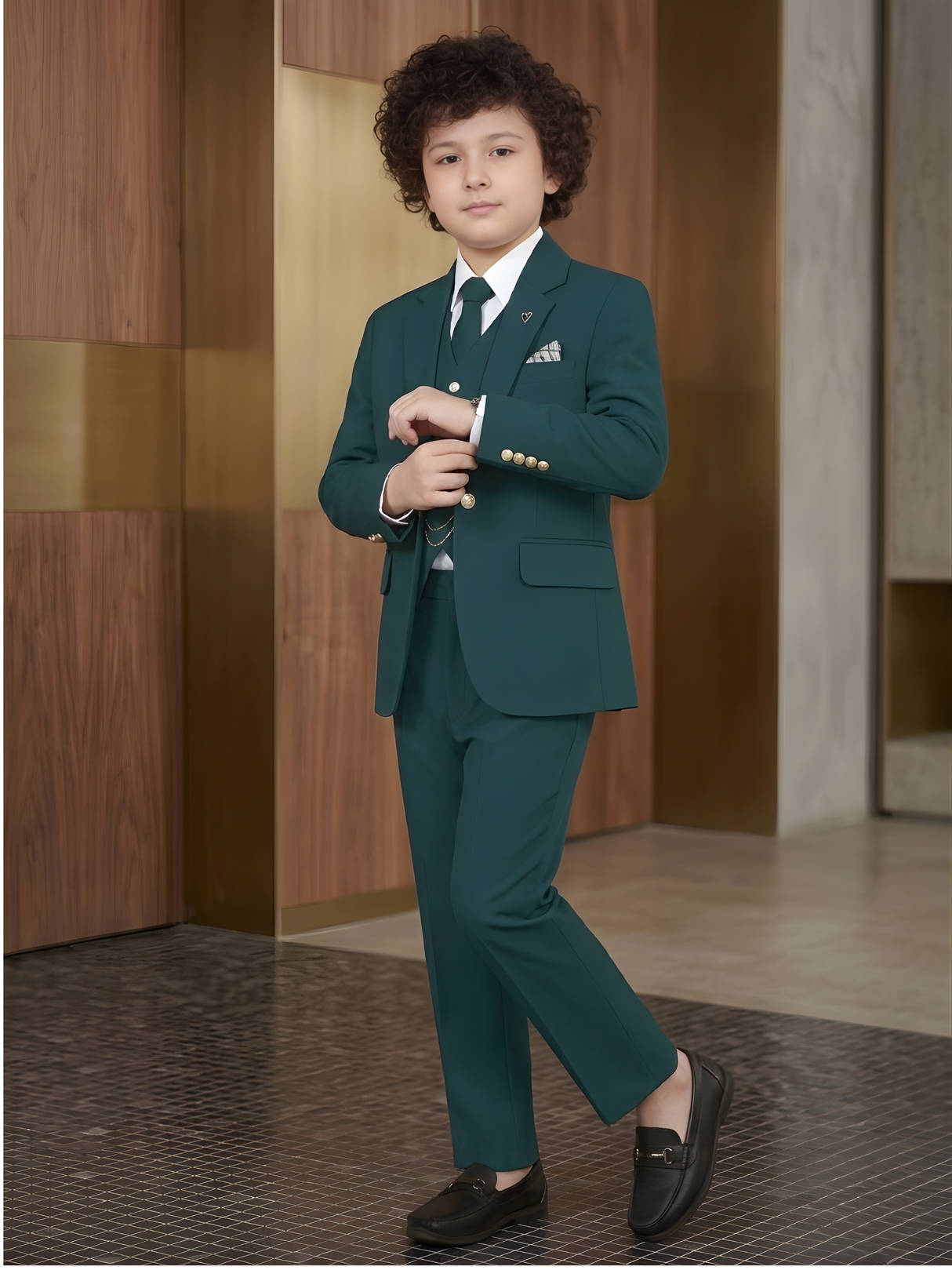 Boys' Teal Blue 5-Piece Formal Suit Set with Vest and Tie