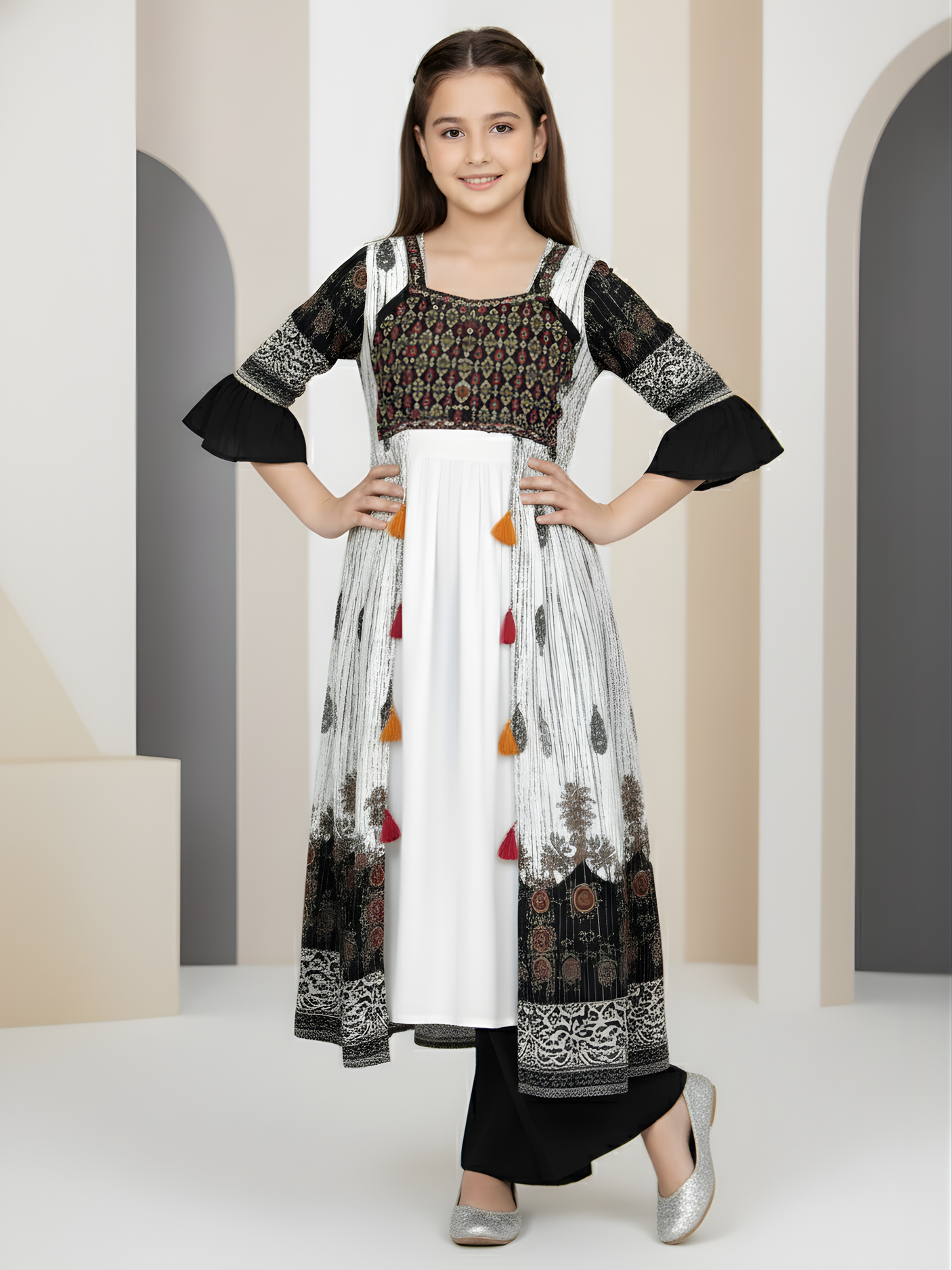 Girls' Black & White Printed Long Jacket, Crop Top and Palazzo Set - Indo-Western