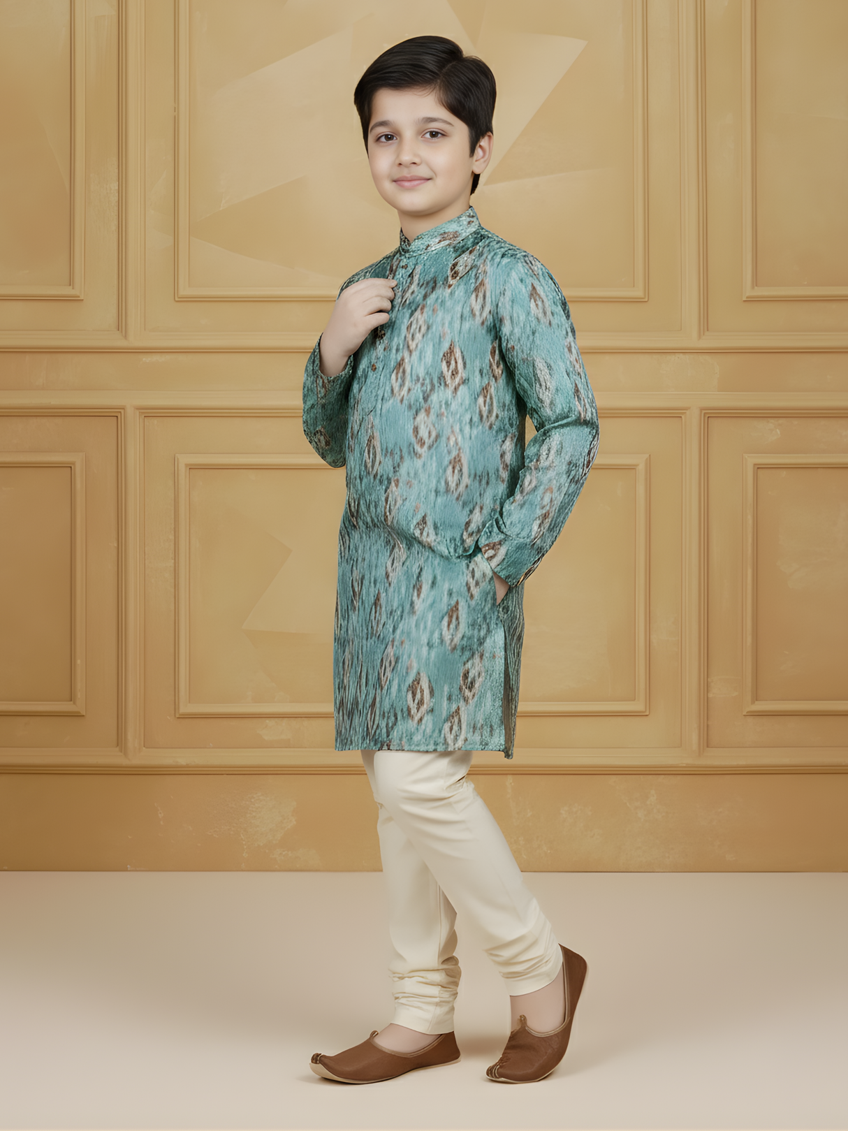 Boys' Tonal Blue and Green Geometric Tiled Print Kurta Set