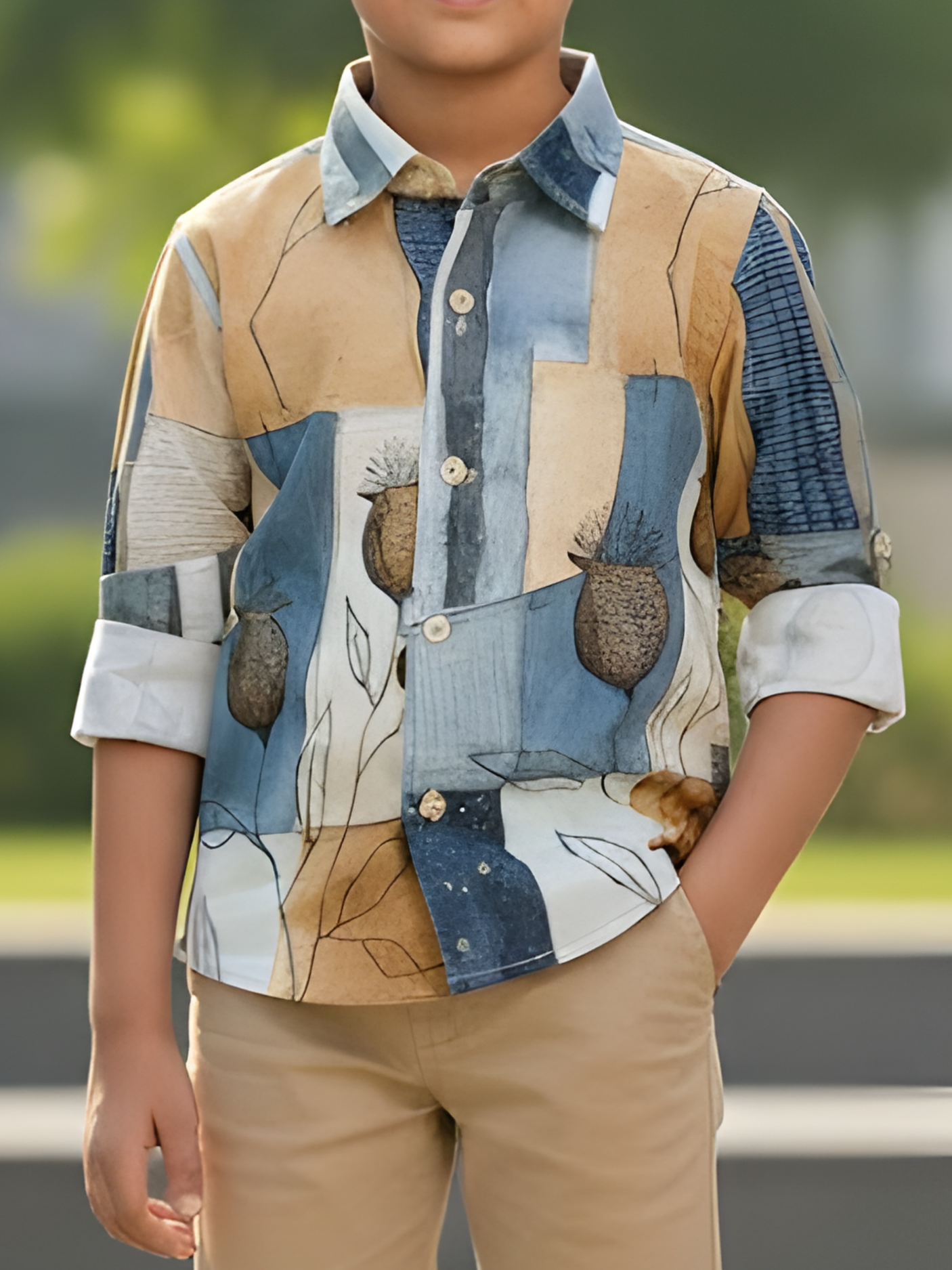 Boys Cream & Earth Tone Abstract Motif Casual Shirt